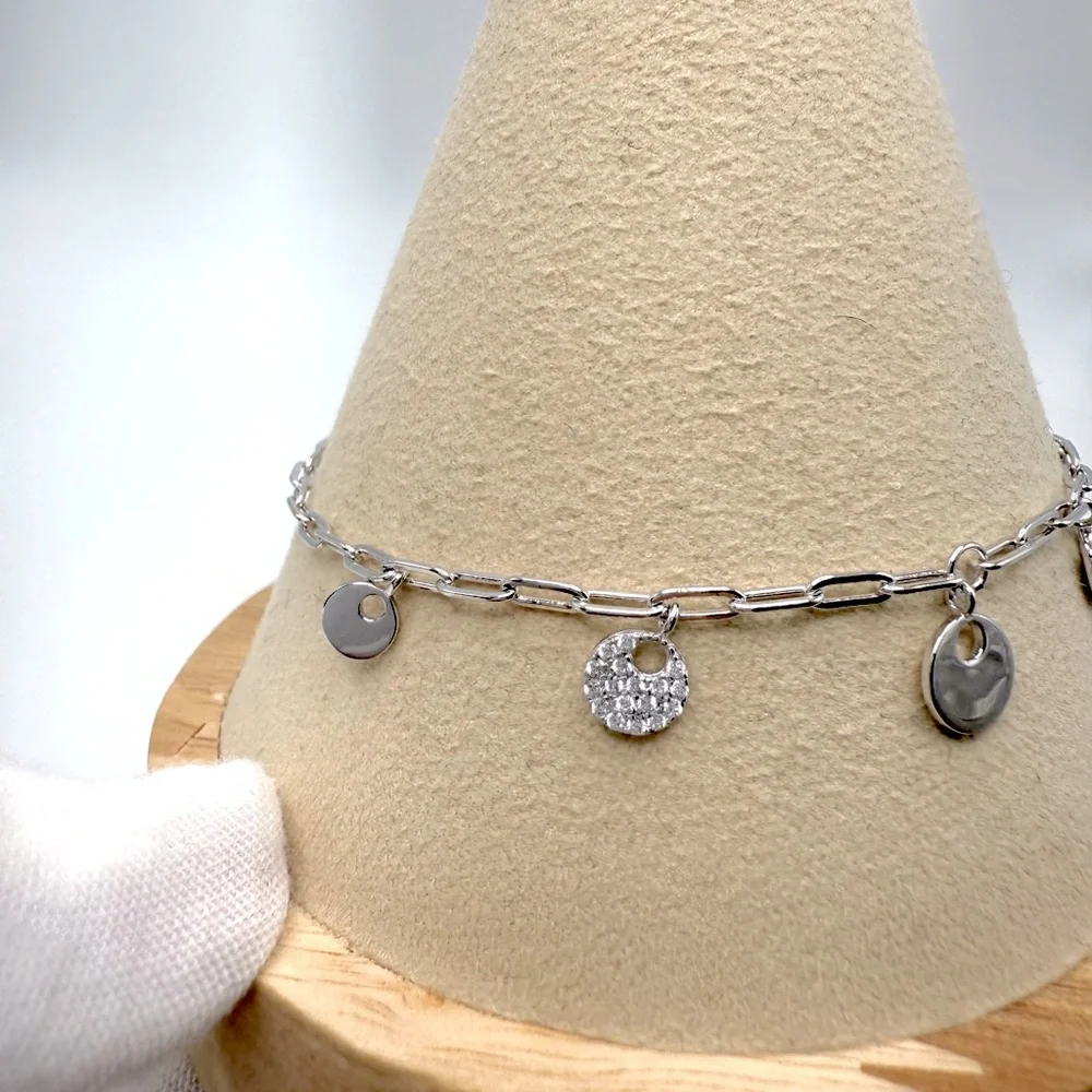 7” .925 Sterling Silver Dangle Cz Circle Charm Bracelet